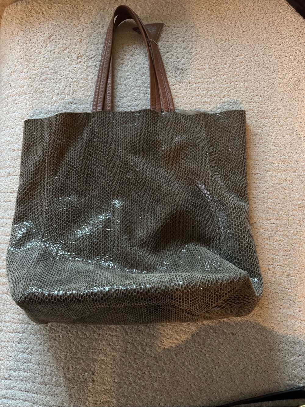 SORIAL Rubina Olive Green Textured Tote Bag with Brown Leather Handles